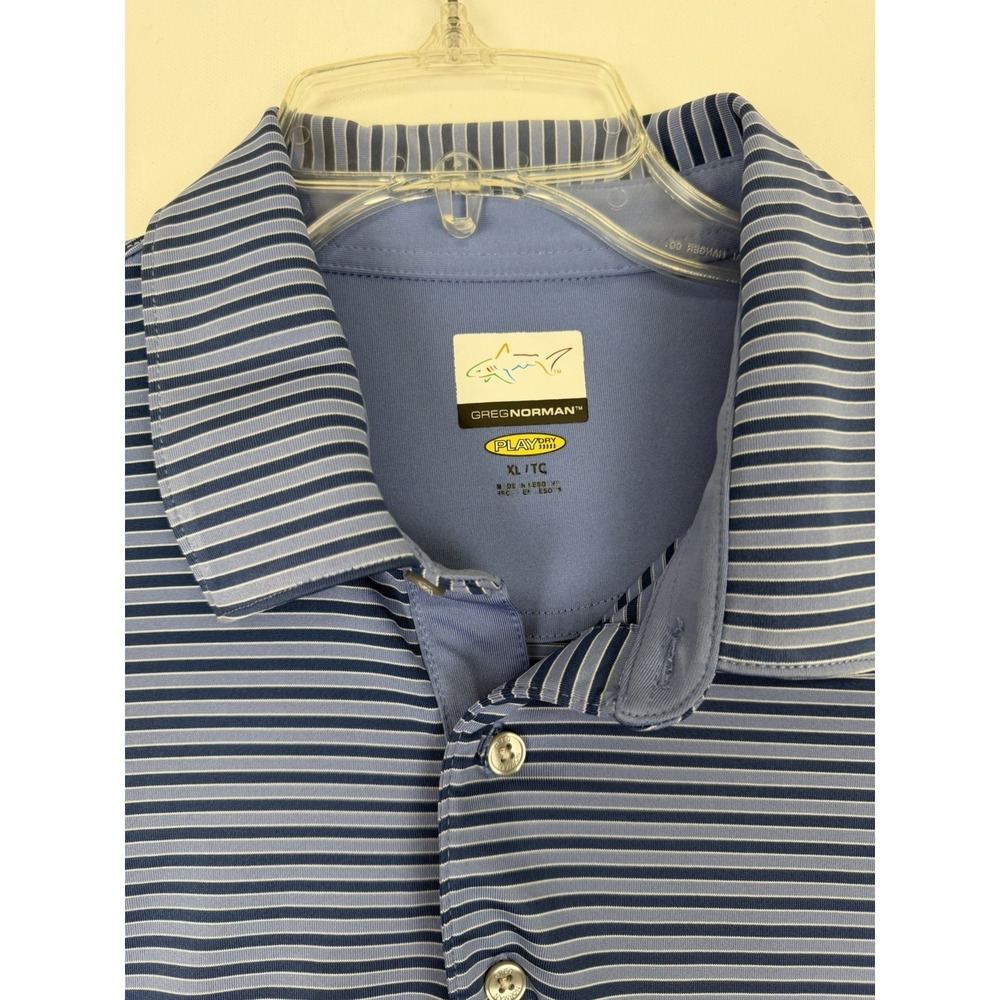 Greg Norman Polo Shirt Mens XL Blue Stripe PlayDry Golf Performance Stretch - Picture 3 of 7